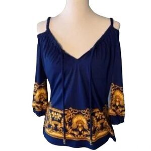 Cache Cold Shoulder Top Blue/Gold size S